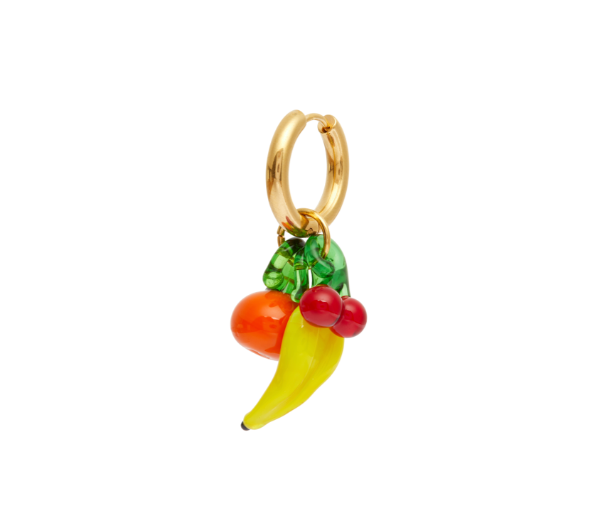 Triple Grocery Banana, Cherry, Orange Glass Earring