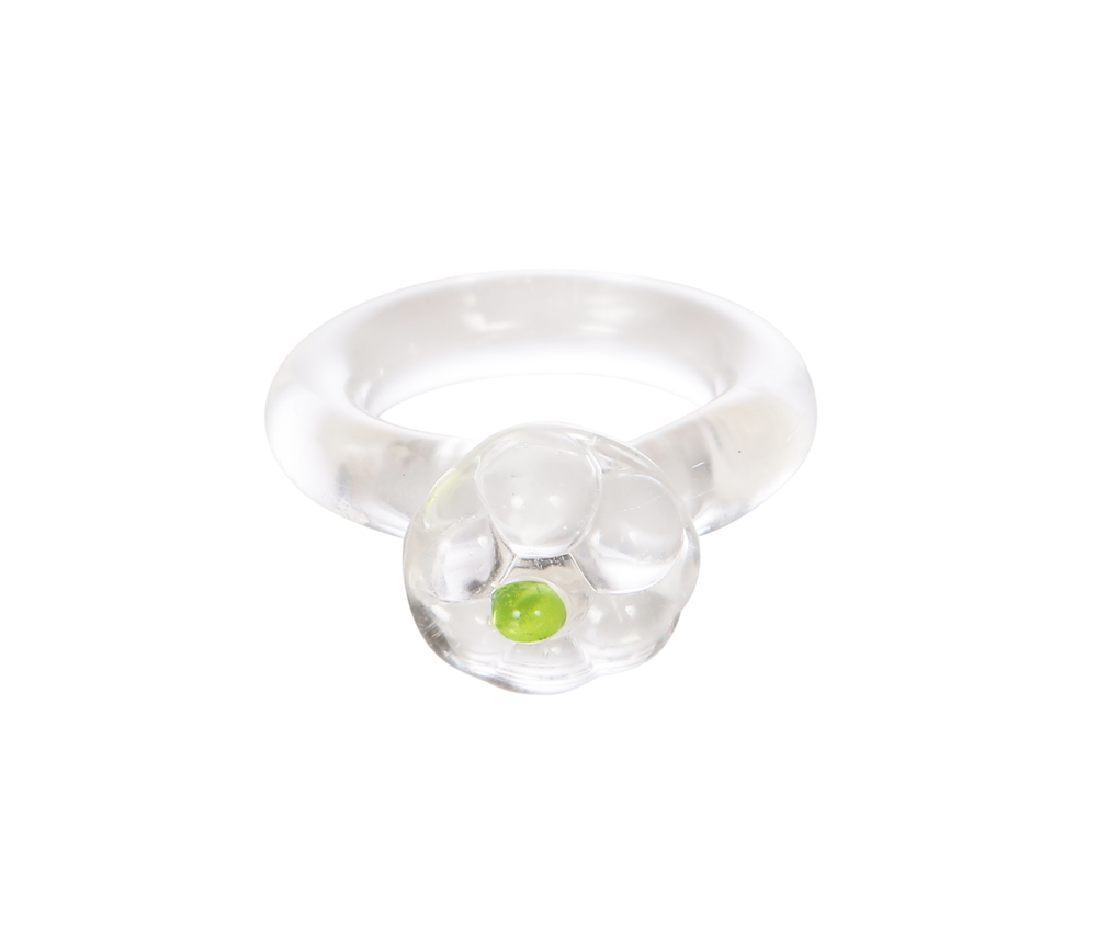 Daisy Clear & Green Dot Glass Ring